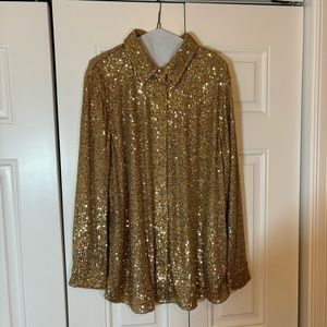 Soft Surroundings gold sequin long sleeve button up blouse top